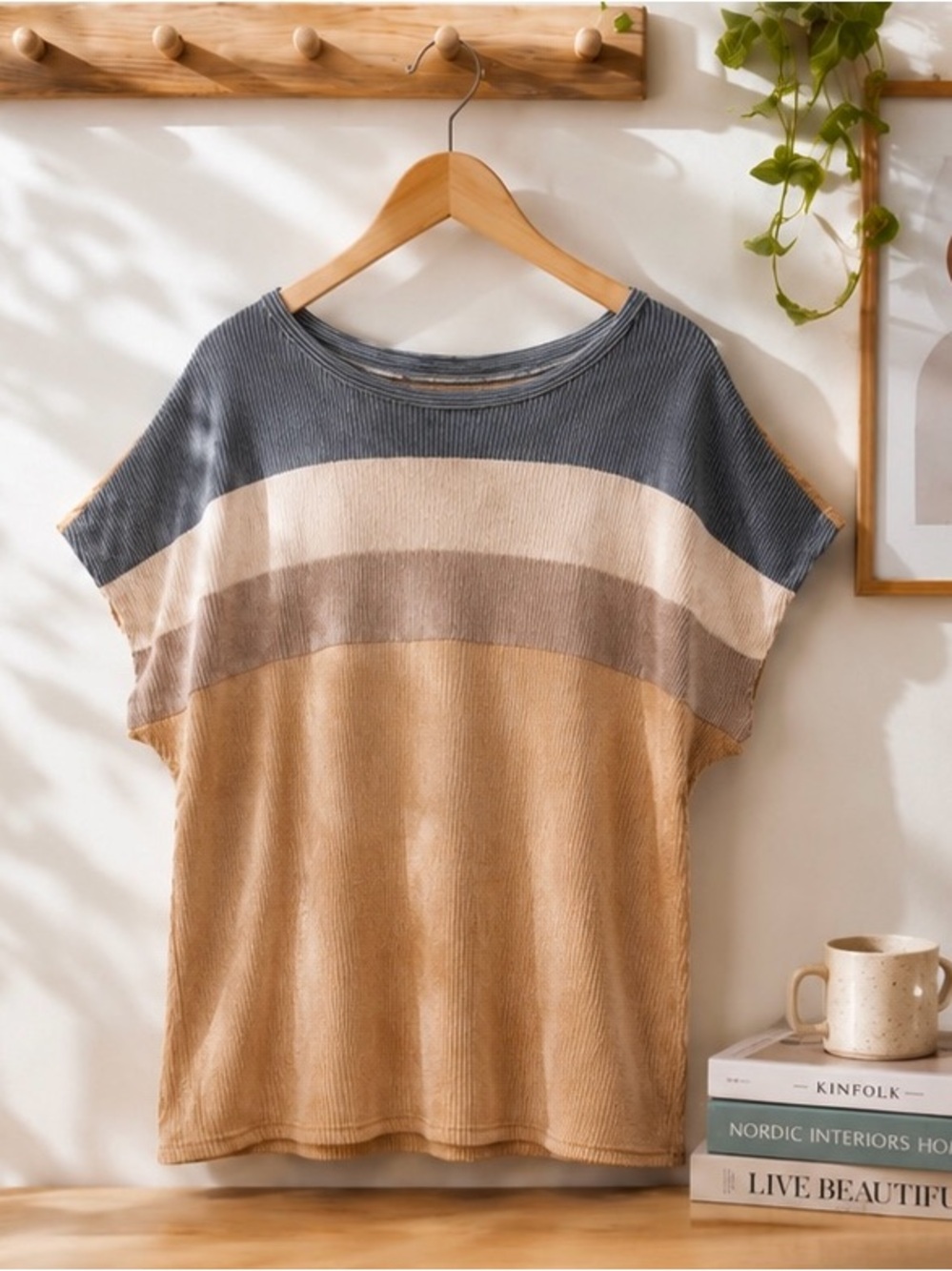DOKOTOO Textured Colorblock Oversized Knit Top | Neutral Boho Ribbed Tee | M NWT